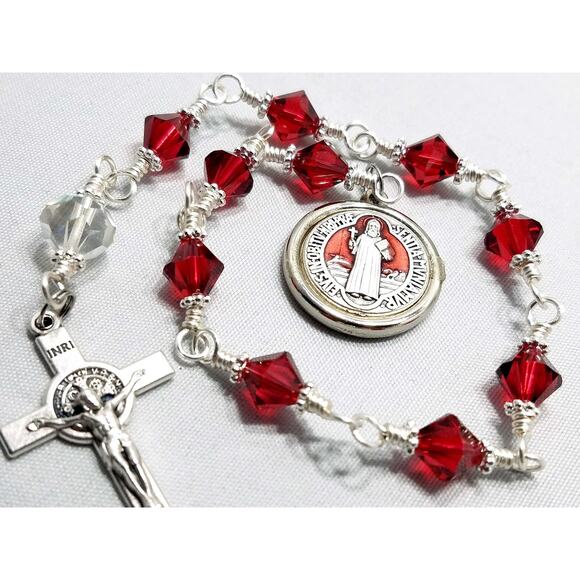 St Benedict Red Handmade One Decade Rosary, Red Swarovski Decade Beads - Picture 4 of 10